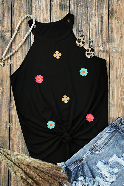 Floral Embroidered Black Tank Top with Sweet Details