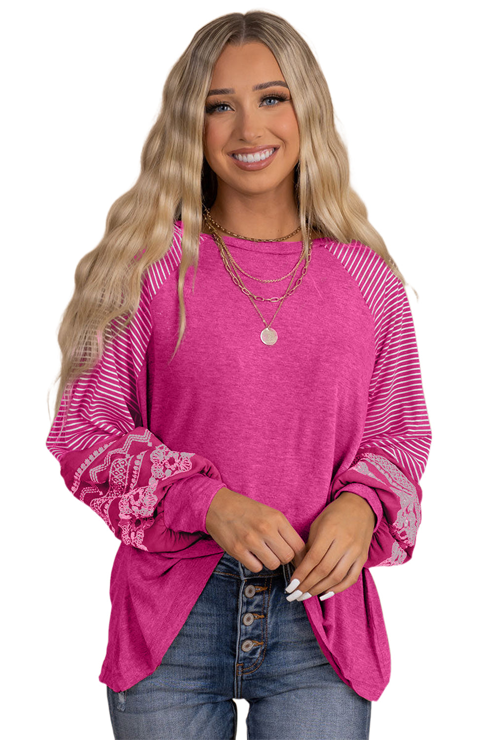 Rose Red Contrast Print Striped Raglan Long Sleeve Loose Top