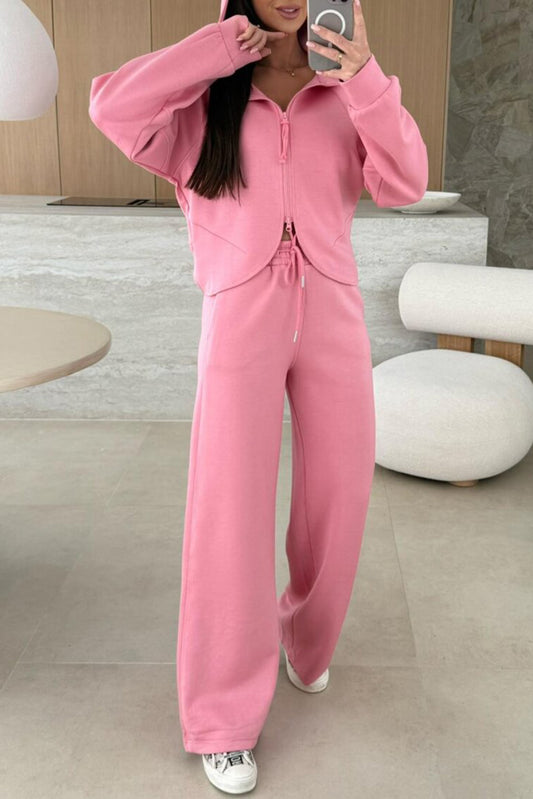Pink Solid Color Zip Up Hoodie Drawstring Loose Pants Set