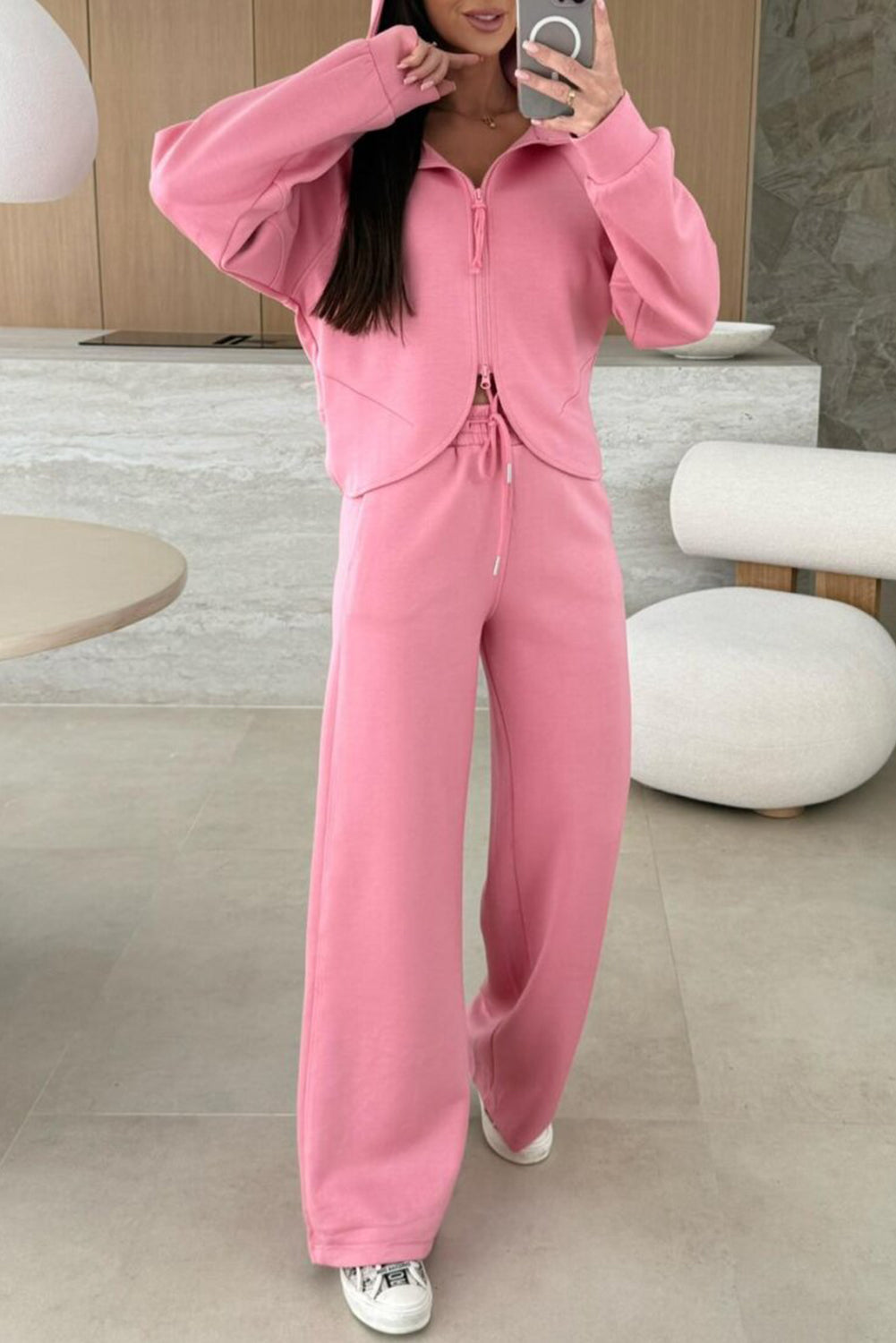 Pink Solid Color Zip Up Hoodie Drawstring Loose Pants Set