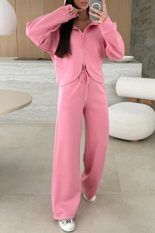 Pink Solid Color Zip Up Hoodie Drawstring Loose Pants Set