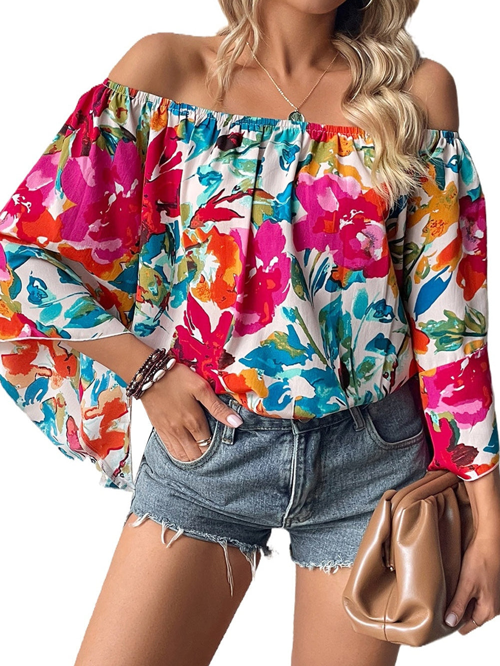 Floral Fantasy Off Shoulder Bell Sleeve Top