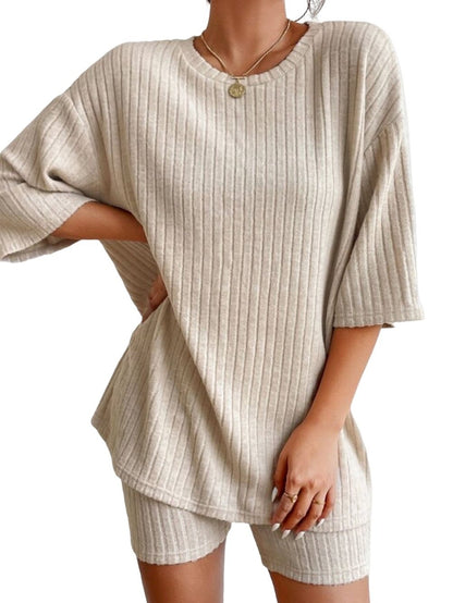 Apricot Ribbed Lounge Set with Loose Silhouette