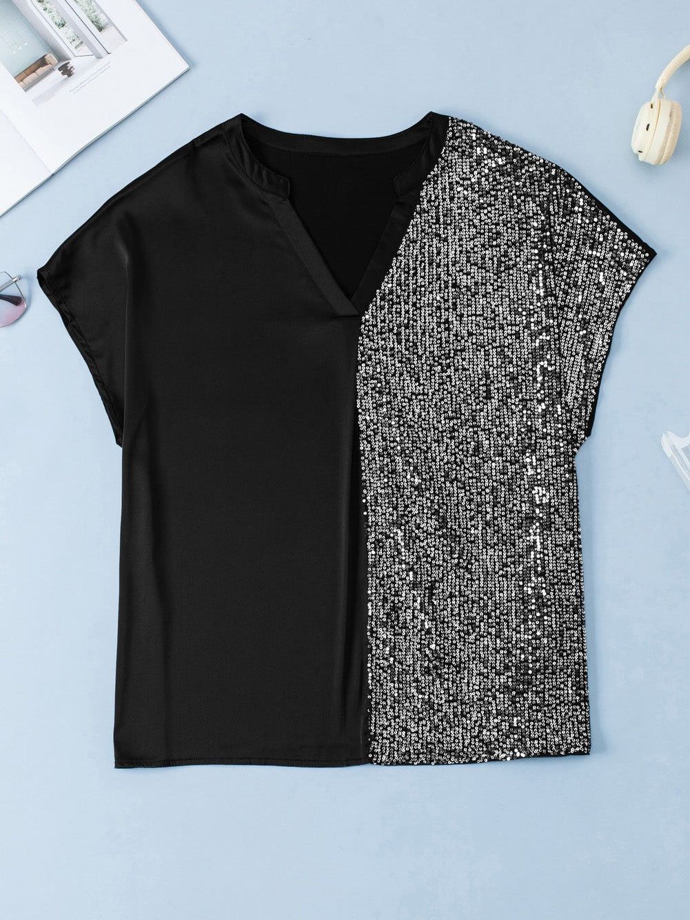 Black Plus Size Sequined Patchwork V Neck Tee