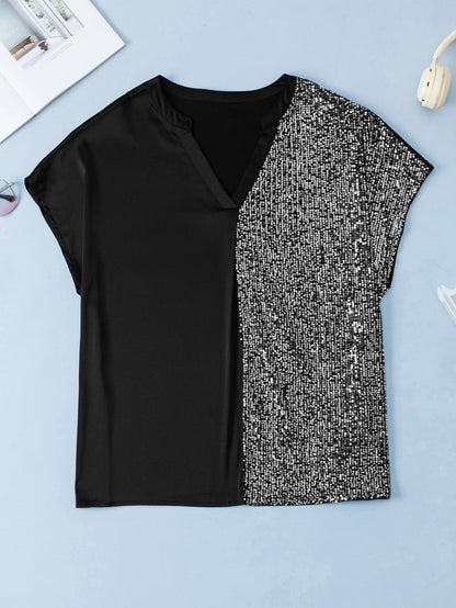 Black Plus Size Sequined Patchwork V Neck Tee