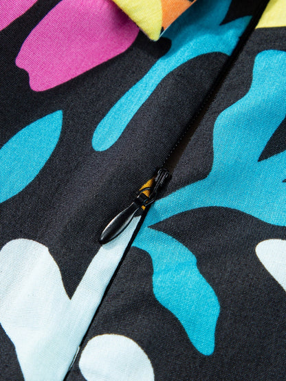 Blue Floral Split Neck Plus Size Collared Mini Dress