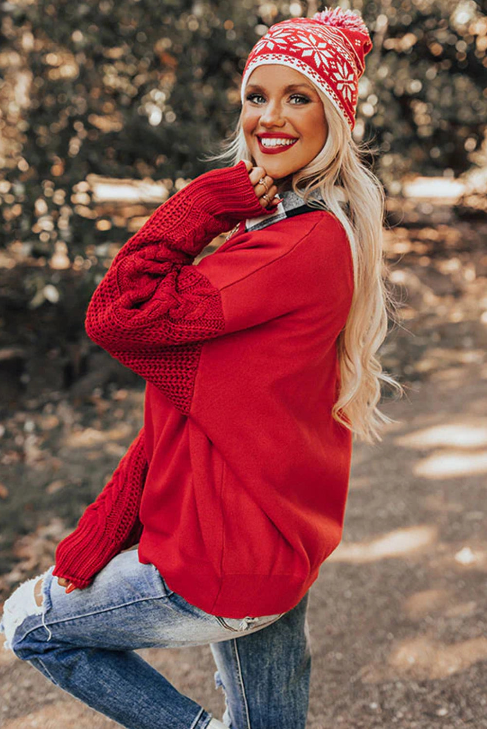 Fiery Red Cable Knit Textured Patchwork Sleeve Slouchy Sweater