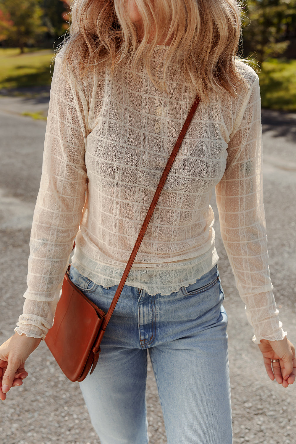 White Sheer Plaid Mesh Lettuce Trim Slim Fit Long Sleeve Top