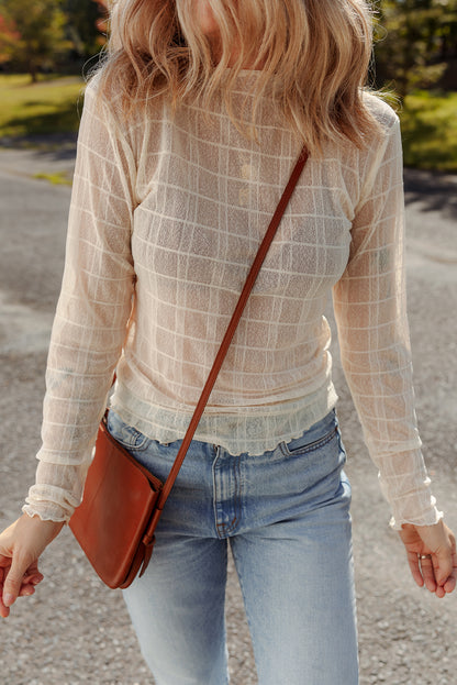 White Sheer Plaid Mesh Lettuce Trim Slim Fit Long Sleeve Top