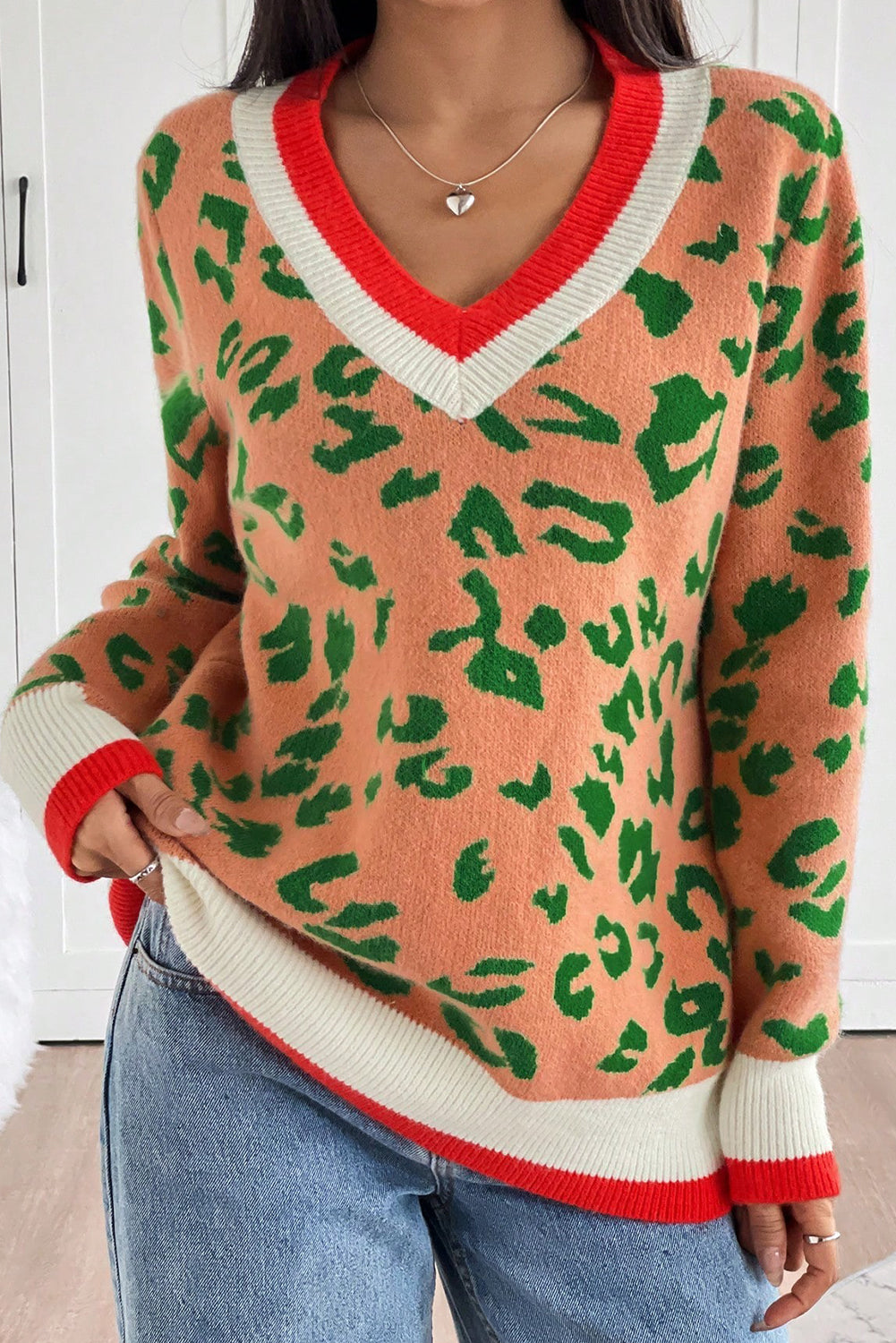 Orange Leopard Pattern Knit Contrast Striped Trim V Neck Sweater