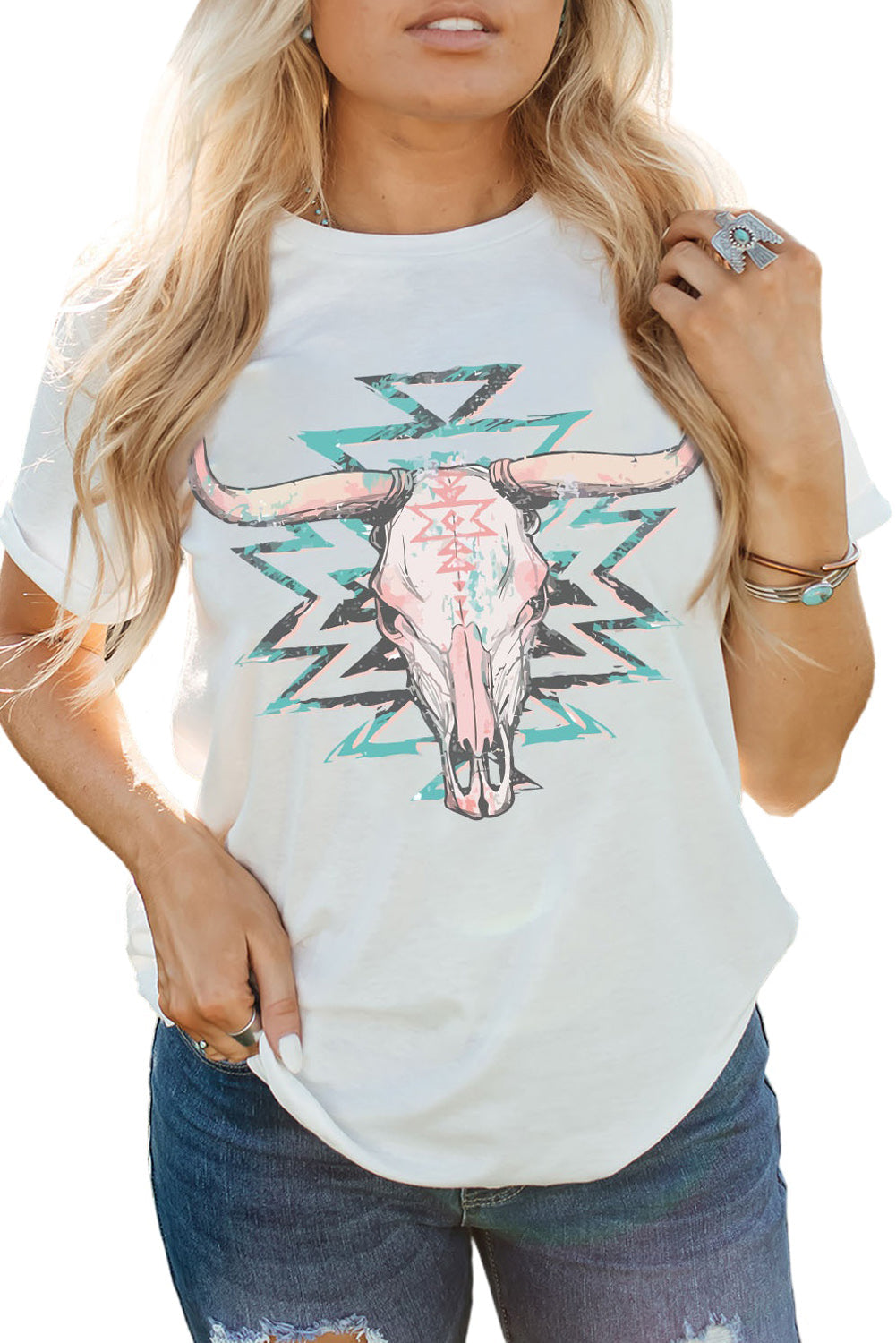 Aztec Bull Skull Print White Casual Tee
