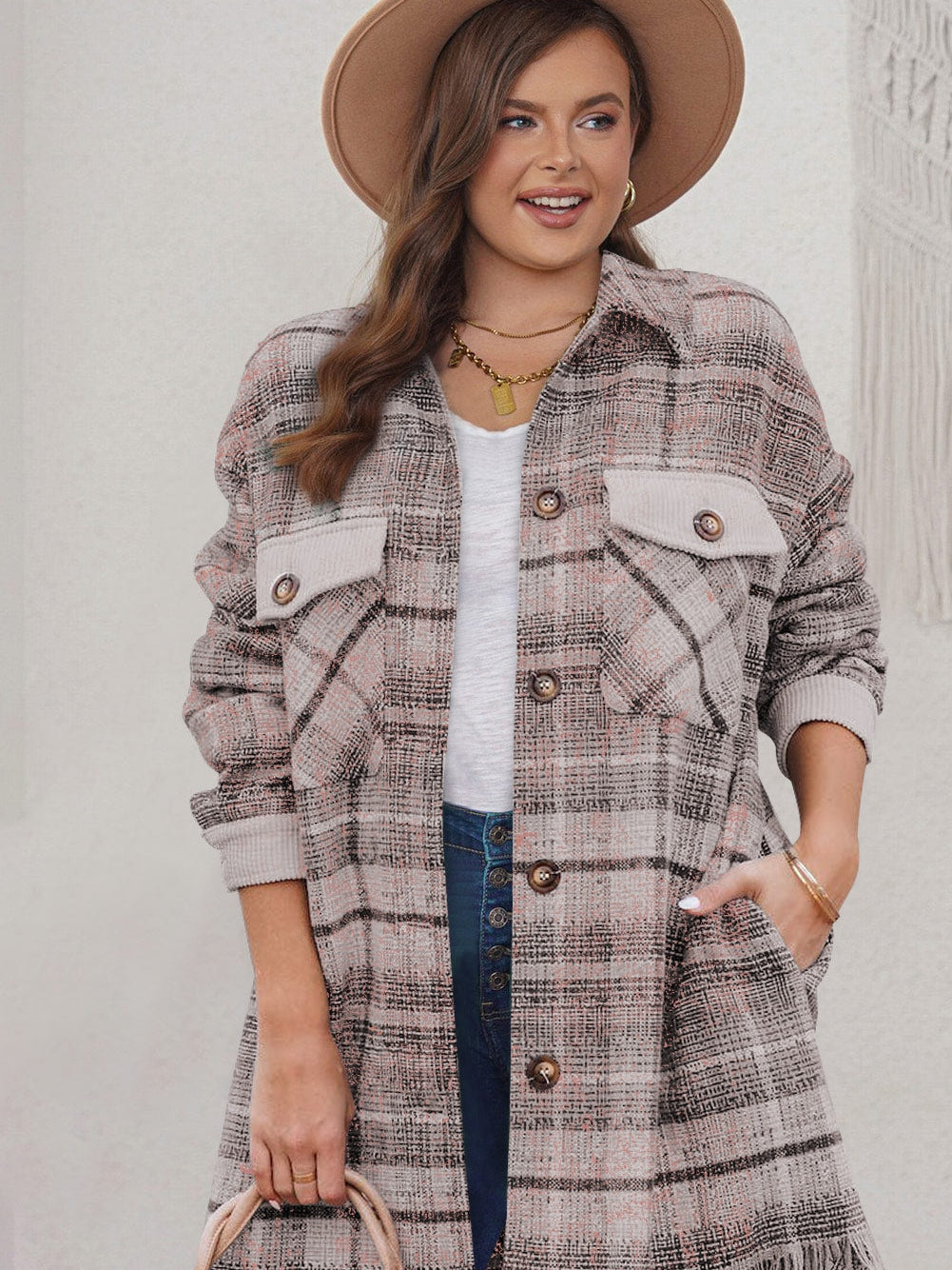 Pink Plus Size Macrame Plaid Coat