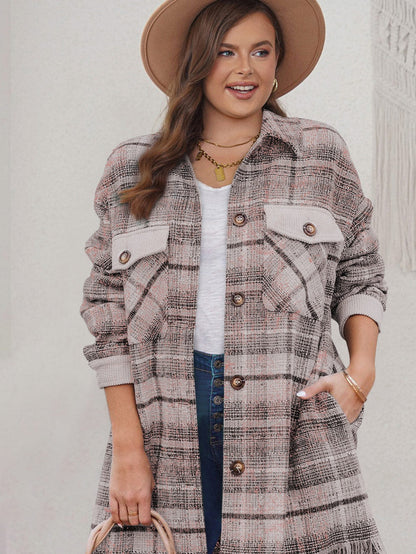 Pink Plus Size Macrame Plaid Coat