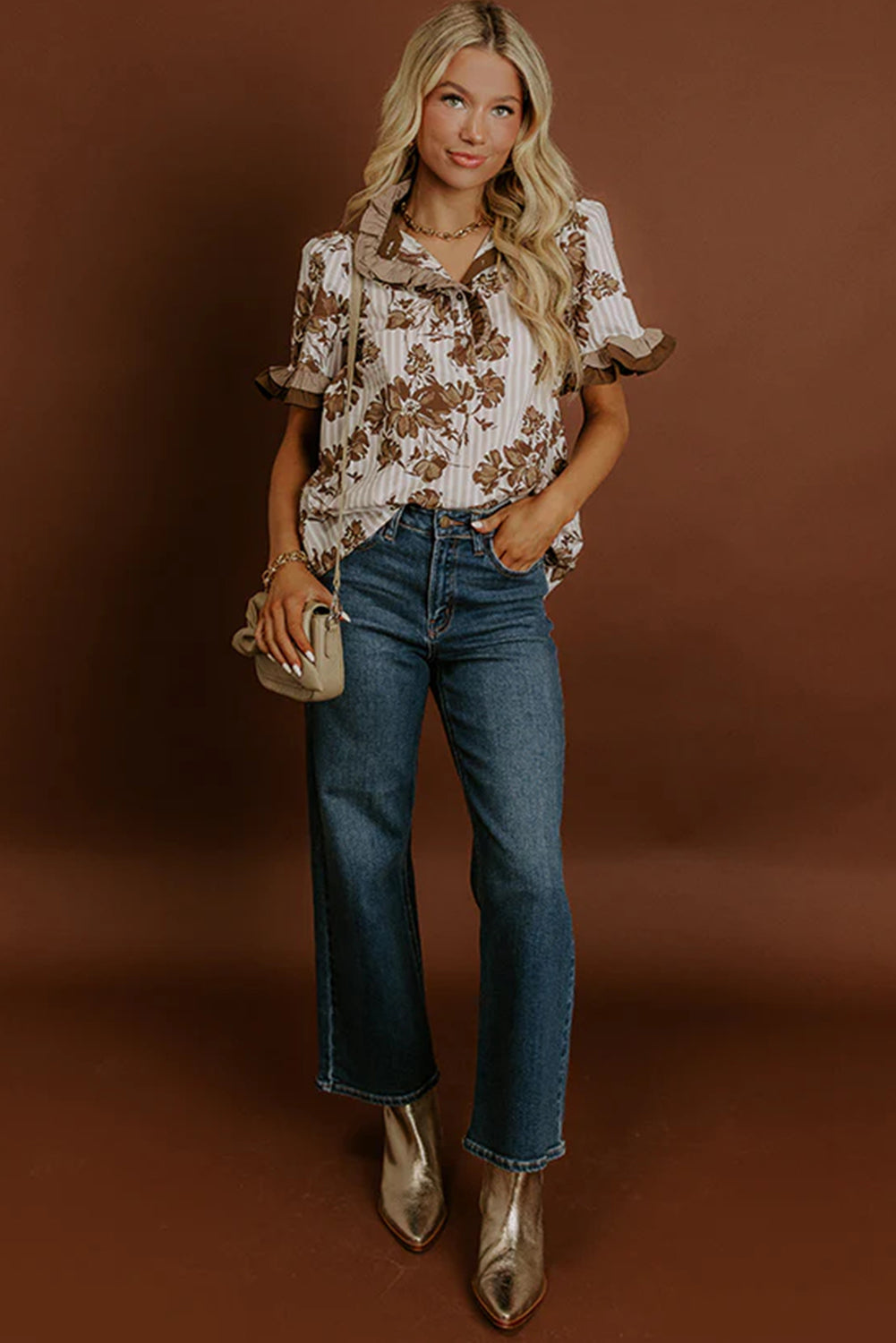 Brown Floral Striped Print Frilled Color Block Trim Short Sleeve Blouse