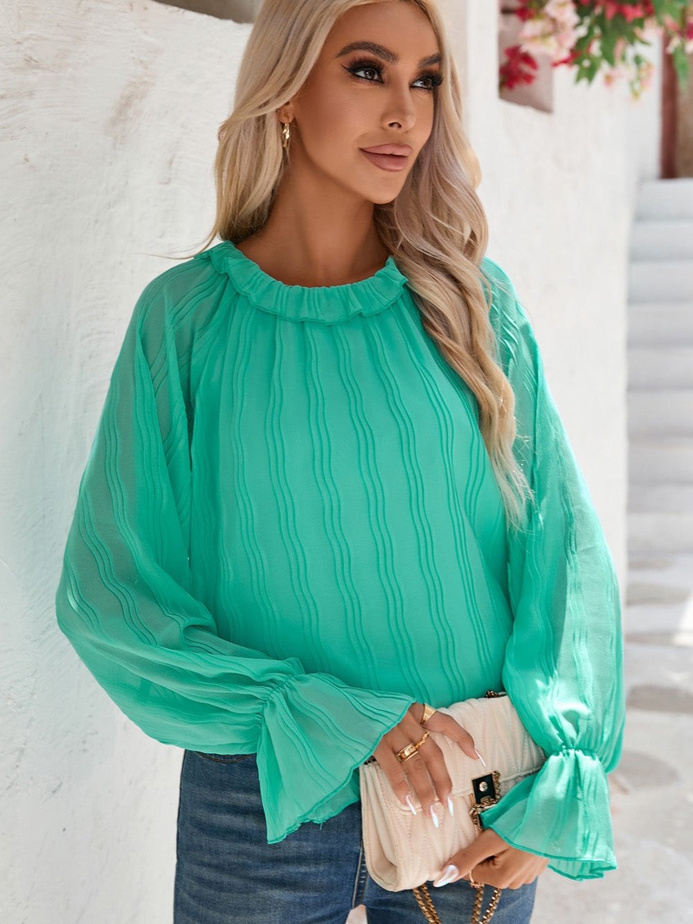 Green Chic Pleated Sleeve Blouse With Flared Cuffs