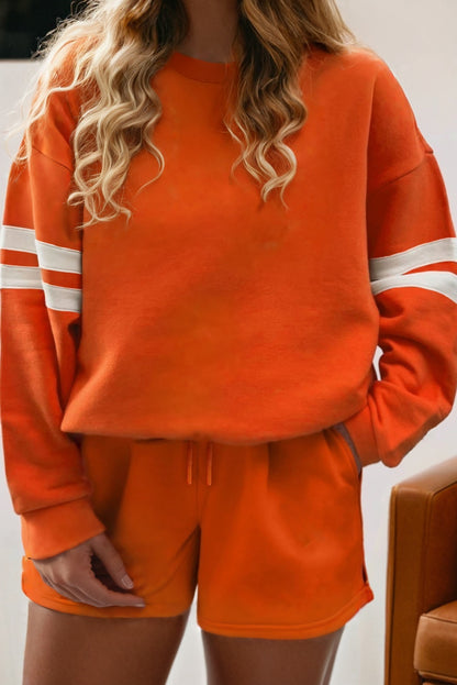 Orange Plus Size Varsity Striped Drop Shoulder Pullover Drawstring Elastic Waistband Short Set