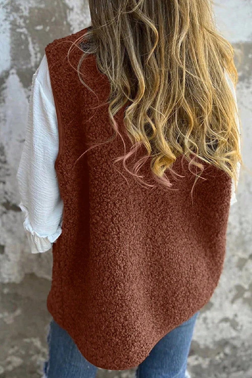 Cinnamon V Neck Button Front Plush Teddy Vest