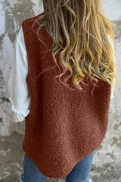 Cinnamon V Neck Button Front Plush Teddy Vest