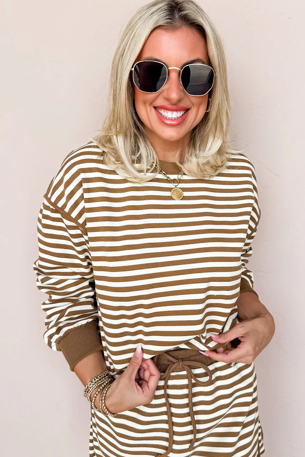 Brown Stripe Textured Drop Shoulder Pullover Top Drawstring Mini Skirt Two Piece Dress Set