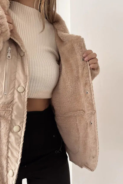 Smoke Gray Plush Color Block Patchwork Snap Button Pocketed Winter Jacket