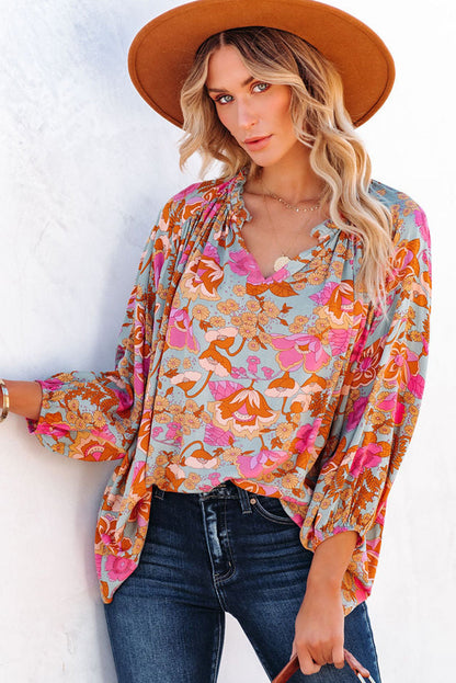 Elegant Floral Ruched V Neck Bohemian Blouse