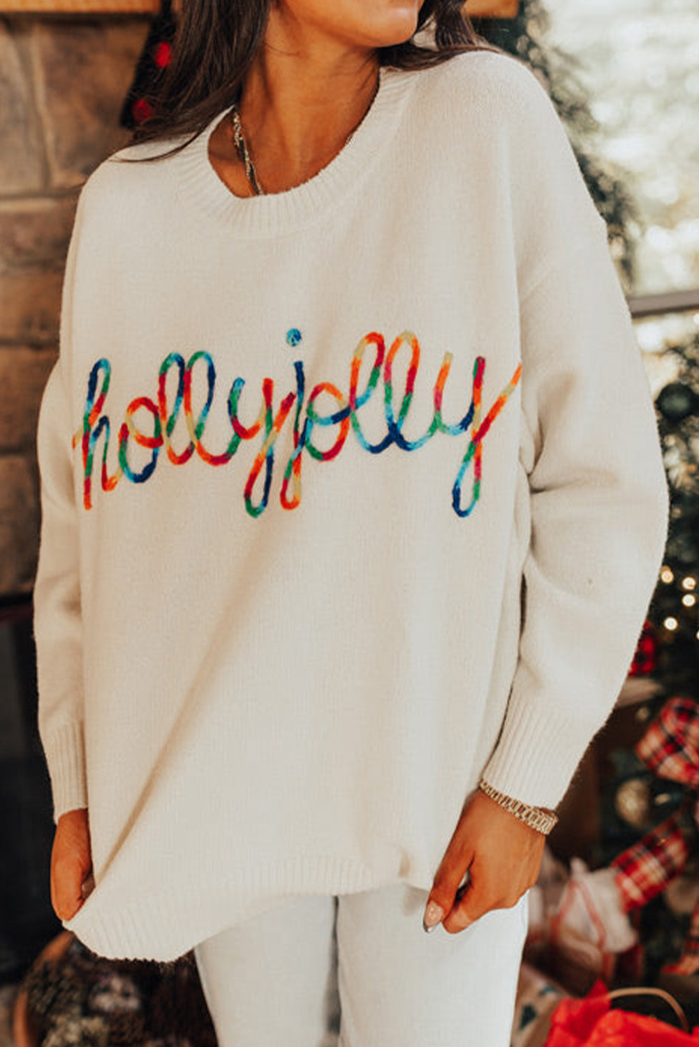 Beige Colorful Holly Jolly Christmas Knit Loose Sweater