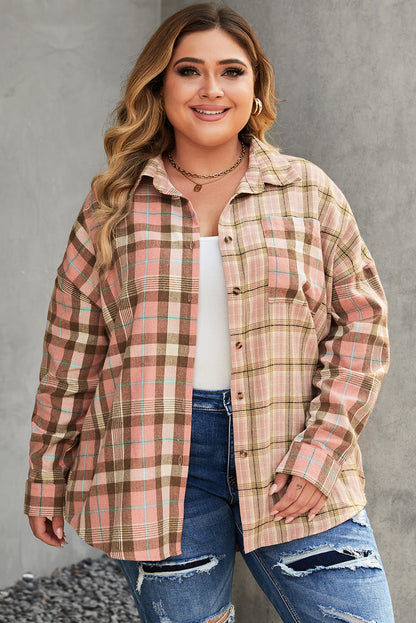Pink Plaid Pocketed Plus Size Shirt With Long Sleeves