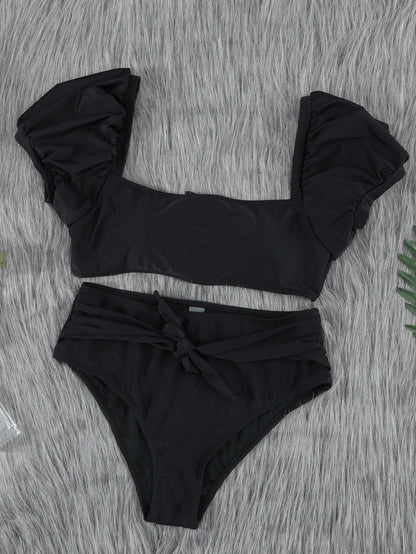 French Romance Black High Waisted Bikini with Puff Sleeves