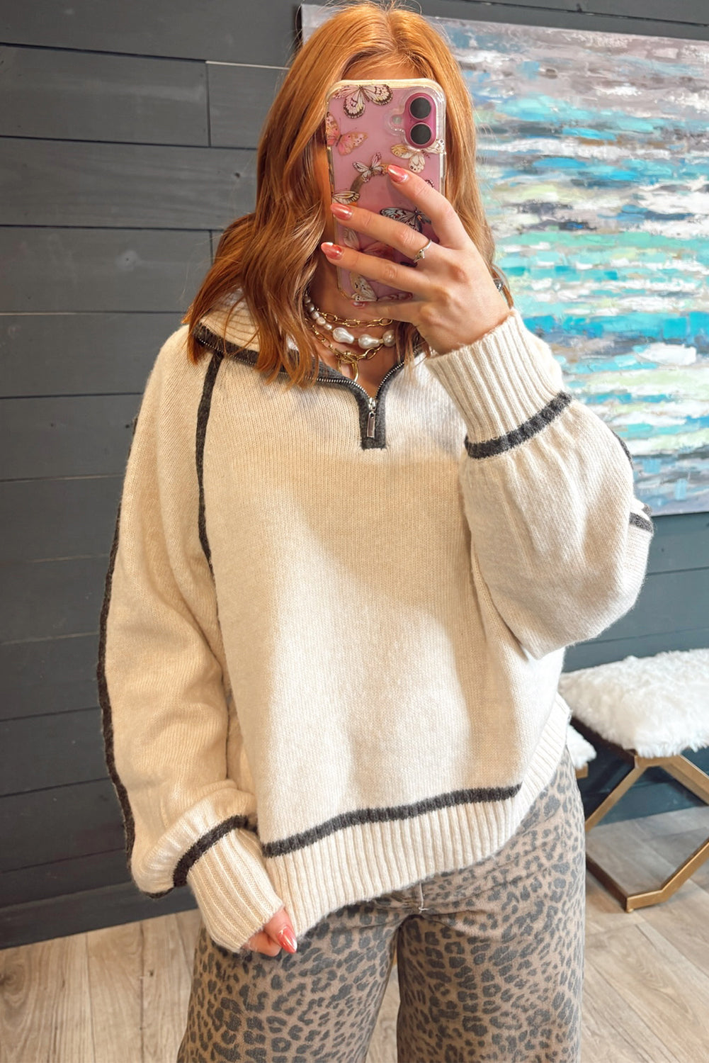 White Contrast Trim Ribbed Detail Quarter Zip Baggy Sweater