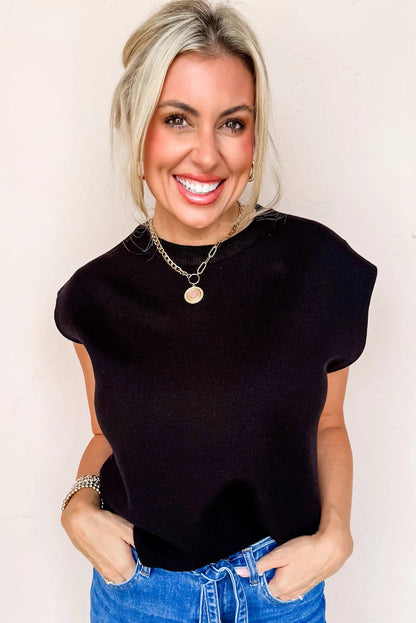 Black Solid Color Knit Cap Sleeve Sweater