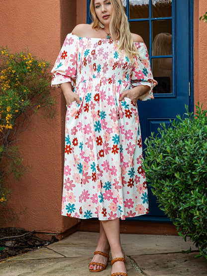 Floral Print Smocked Off Shoulder Plus Size Midi Dress in White