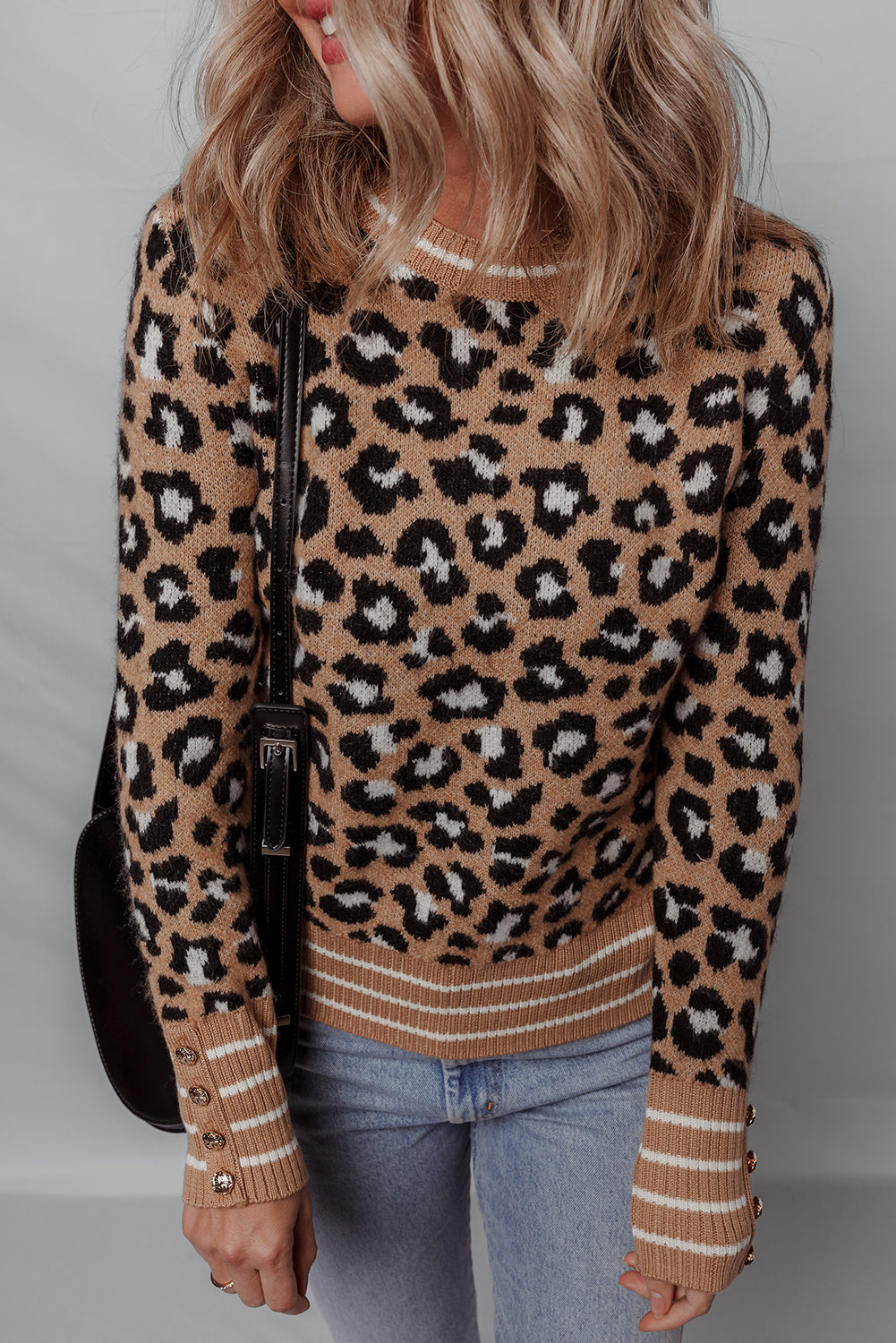 Brown Leopard Print Buttoned Sleeve Contrast Striped Edge Sweater
