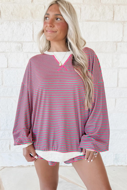 Rose Stripe Drop Shoulder Bubble Sleeve Pullover and Drawstring Casual Shorts Set