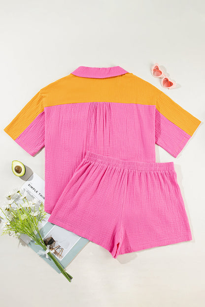 Rose Red Plus Size Color Block Lounge Set with Crinkle Texture