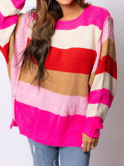 Fiery Red Mix Horizon Stripes Dolman Sleeve Pullover Sweater