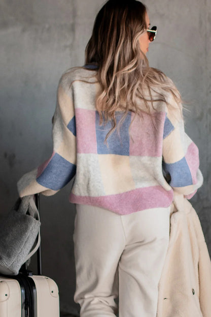 Dark Blue Plaid Color Block Casual Sweater