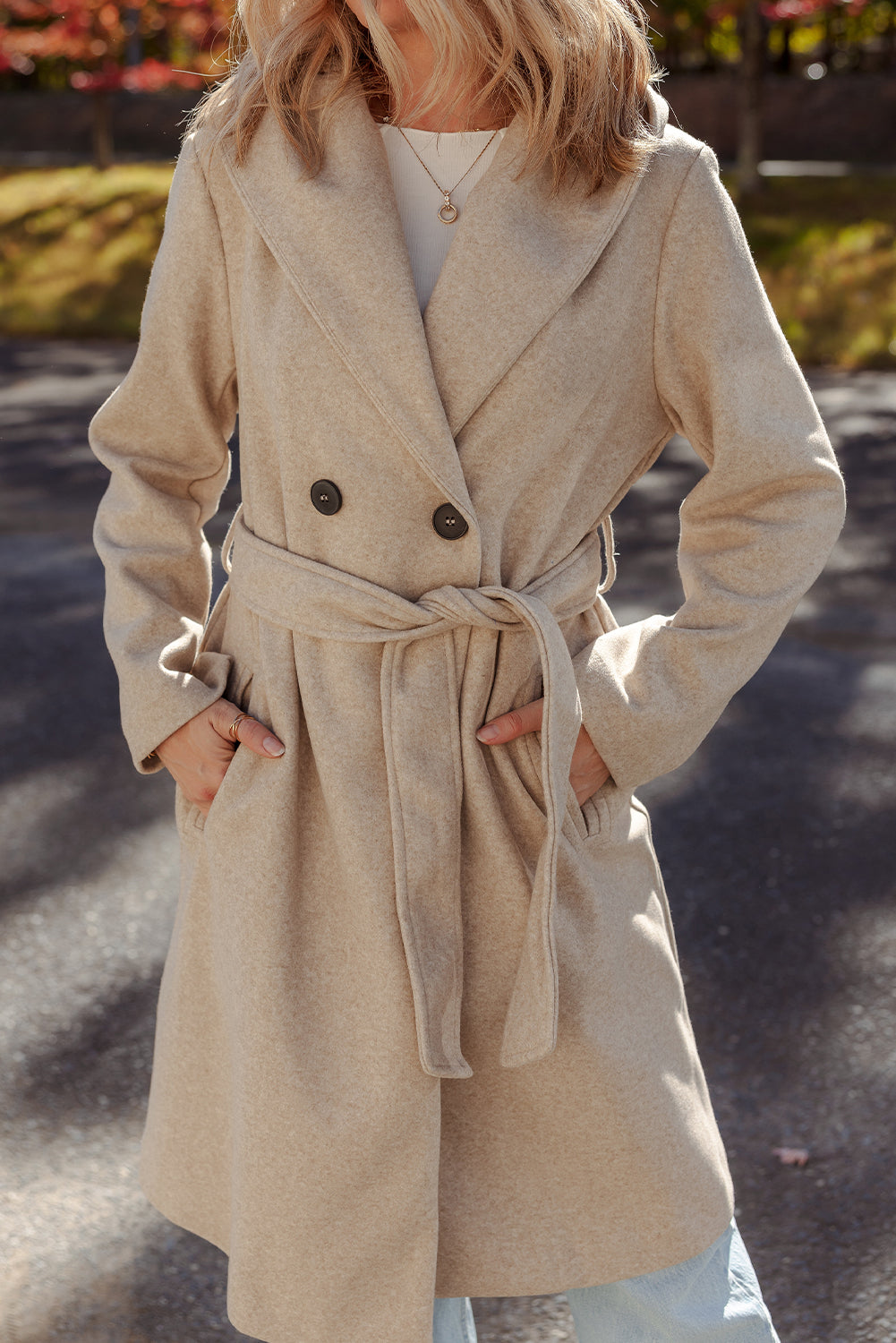 Oatmeal Lapel Collar Double Breasted Belted Overcoat