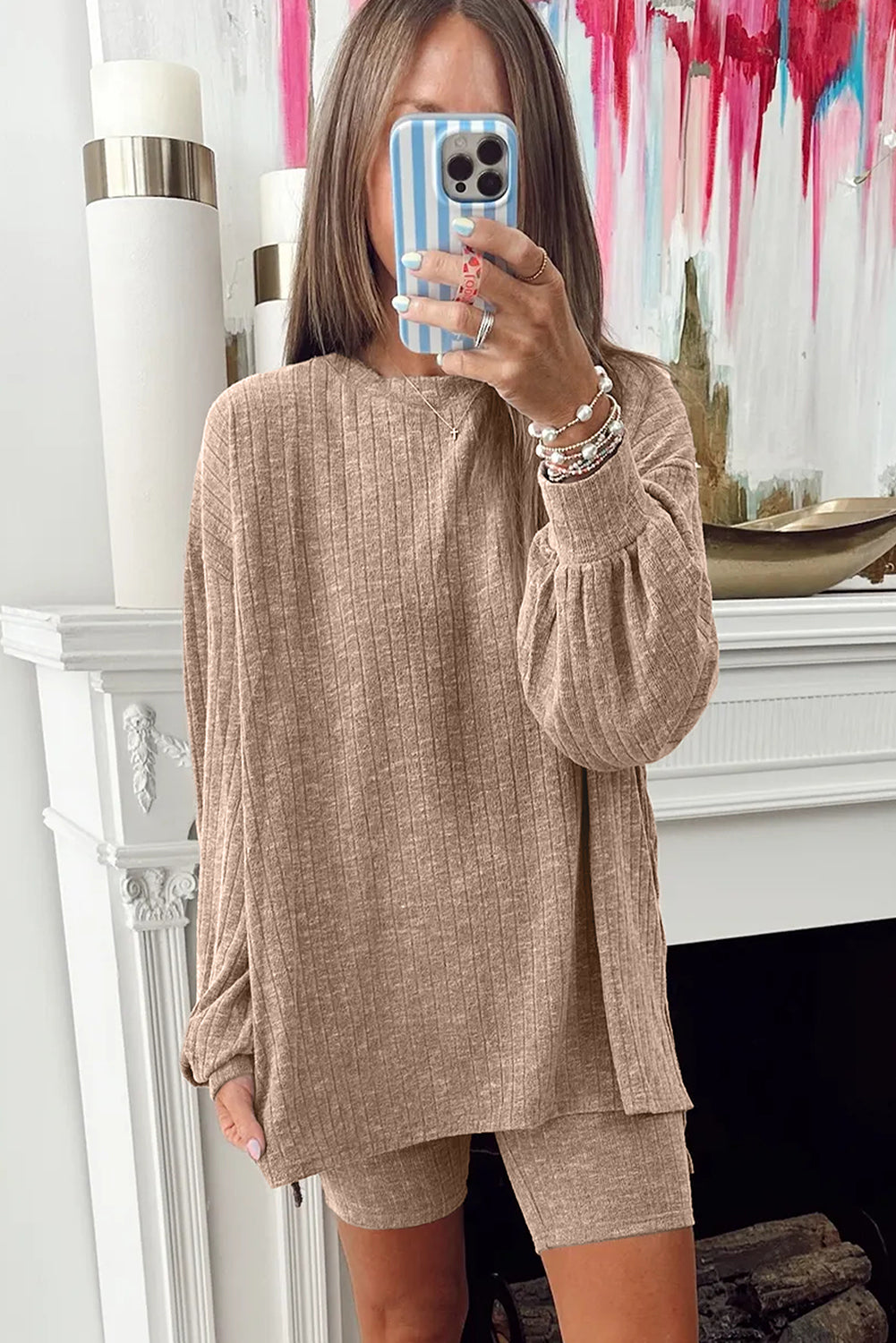 Dark Khaki Ribbed Balloon Sleeve Pullover Top and Biker Knitted Short Set