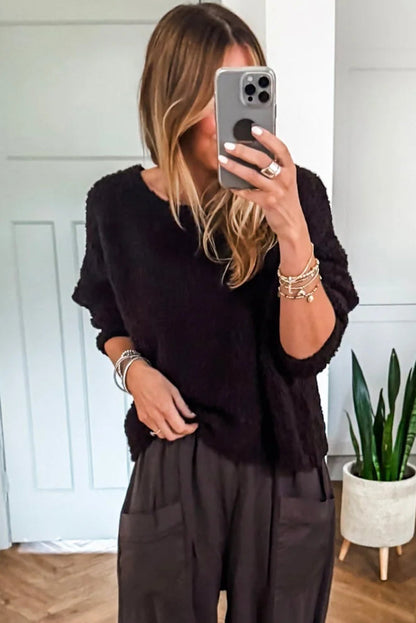 Black Round Neck Fuzzy Knit Drop Shoulder Loose Sweater