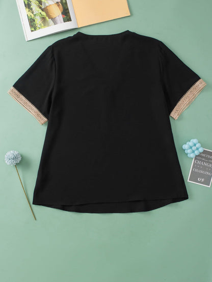 Black Lace Trim Short Sleeve V Neck Plus Size Top