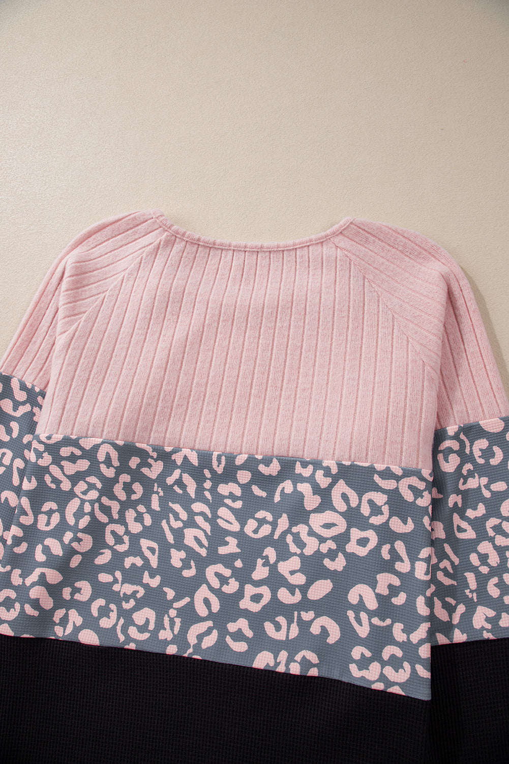 Pink Cheetah Textured Patchwork Buttoned Round Neck T Shirt