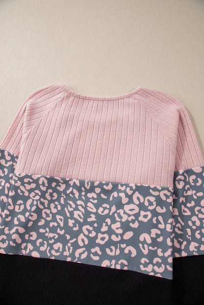 Pink Cheetah Textured Patchwork Buttoned Round Neck T Shirt