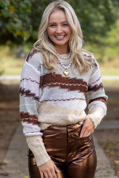 Brown Unique Color Block Knit Casual Sweater