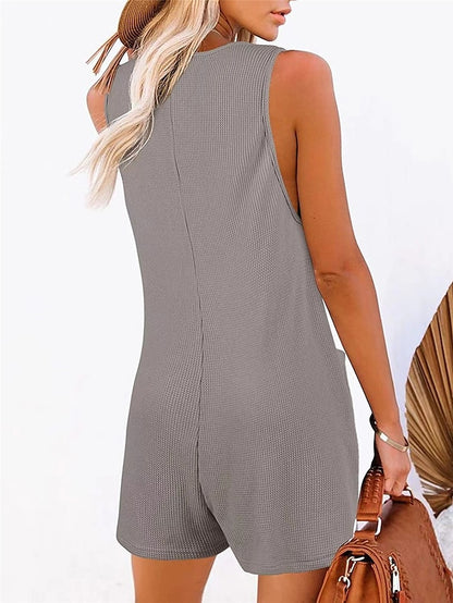 Jumpsuits for Women Summer Overall Button Pocket Solid Color U Neck Basic Daily Vacation Regular Fit Sleeveless Black Pink Wine S M L Spring - LuckyFash™