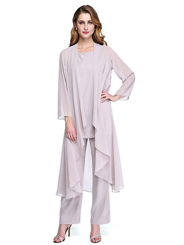 Jumpsuit / Pantsuit Mother of the Bride Dress Plus Size Elegant Bateau Neck Floor Length Chiffon Sleeveless yes with Solid Color 2023 - LuckyFash™