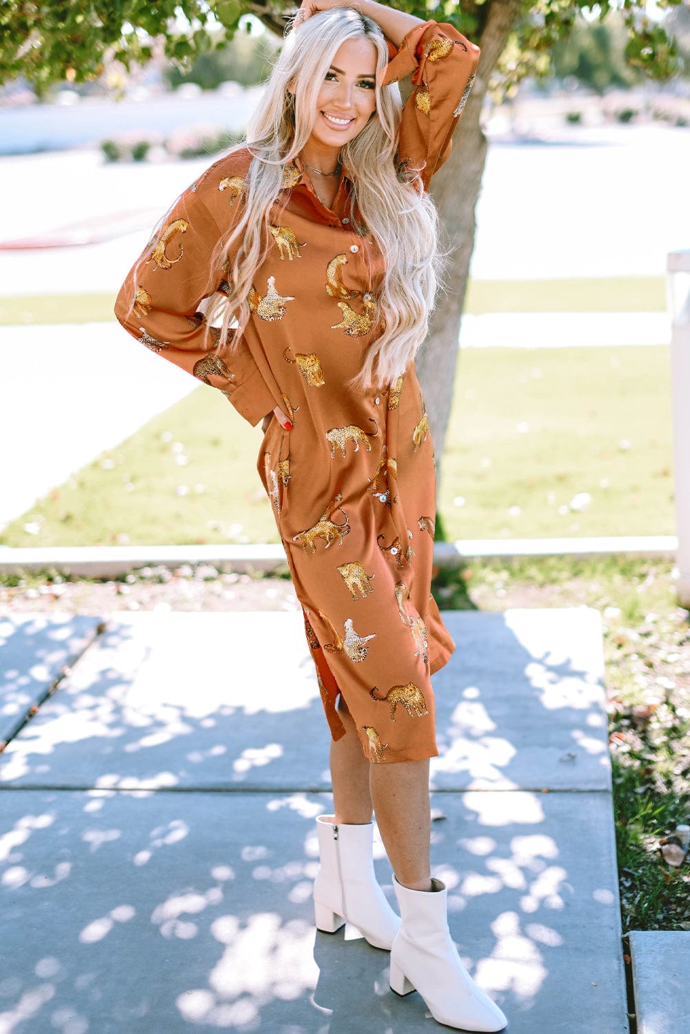 Fierce Mustard Leopard Print Shirt Dress with Split Hem