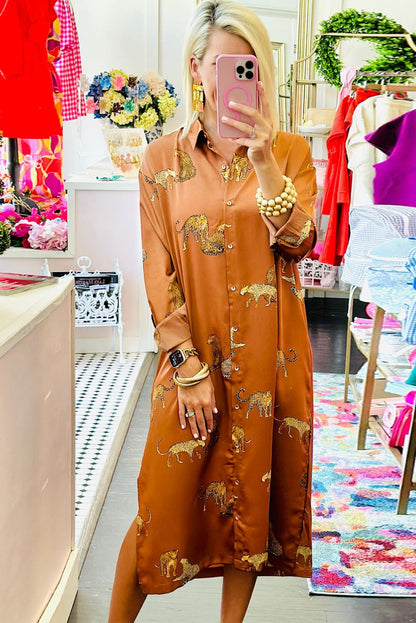 Fierce Mustard Leopard Print Shirt Dress with Split Hem