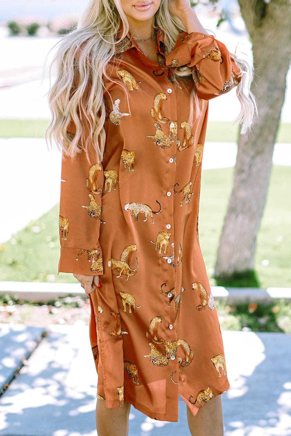 Fierce Mustard Leopard Print Shirt Dress with Split Hem