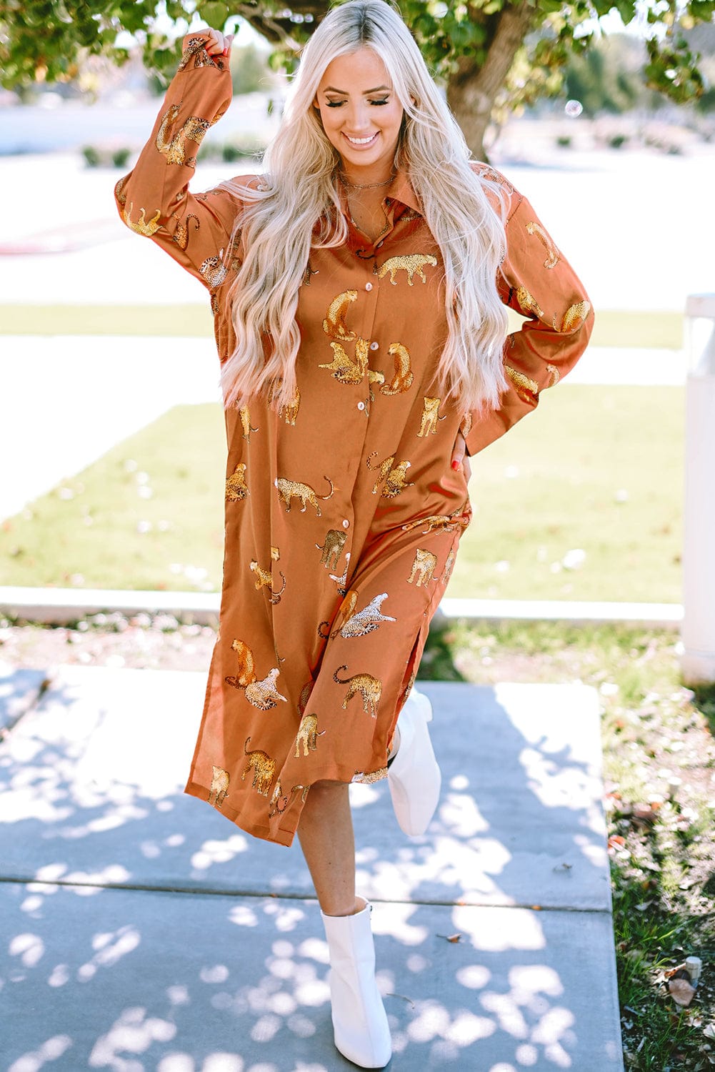 Fierce Mustard Leopard Print Shirt Dress with Split Hem