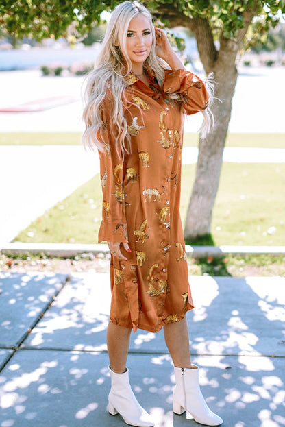 Fierce Mustard Leopard Print Shirt Dress with Split Hem